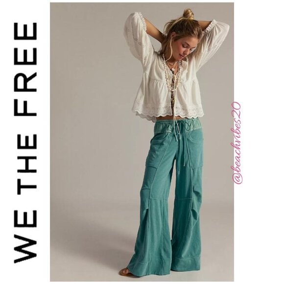 WE THE FREE BY FREE PEOPLE Sky Riser Knit Wide-Leg Pants Blue Trellis Large NWT
